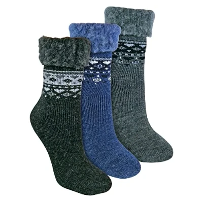 Image of Sock Snob 3 Pack Ladies Turnover Top Wool Bed Socks for Winter Warm Soft Fluffy Nordic Design Lounge Women (4 8, Black/Charcoal/Denim)
