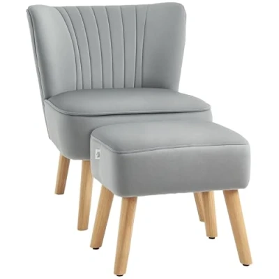 Image of HOMCOM Velvet Accent Chair Occasional Tub Seat Padding Curved Back with Ottoman Wood Frame Legs Home Furniture Light Grey