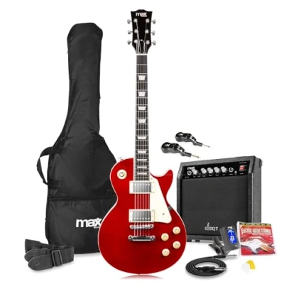 Image of Max GigKit Wireless Electric Guitar Package with Amplifier, Tuner, Strap, Bag and Strings Set LP Style Dark Red