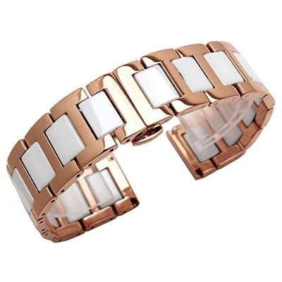 Image of Kai Tian White Ceramic Watch Strap for Girls 18mm Band Rose Gold Stainless Steel Deployment Clasp Bracelet