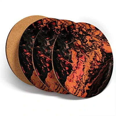 Image of Destination Vinyl ltd Great Coasters (Set of 4) Round Orange Black Fluid Abstract Painting Drink Glossy Coasters/Tabletop Protection for Any Table Type #45936