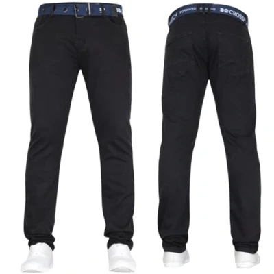 Image of Crosshatch Mens Stretch Slim Fit Jeans Denim Designer Trousers Branded Pants Free Belt by JeanBase Black 32W X 32L