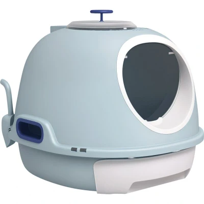 Image of PawHut Cat Litter Box Toilet with Scoop Enclosed Drawer, Front Entry Top Exit, Easy To Clean Blue