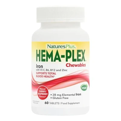 Image of NaturesPlus HemaPlex Chewable Iron Gentle Supplement with Vitamin C, Methyl B12, Folate Blood Health, Immune, Energy Vegan, Gluten Free 60 Tablets