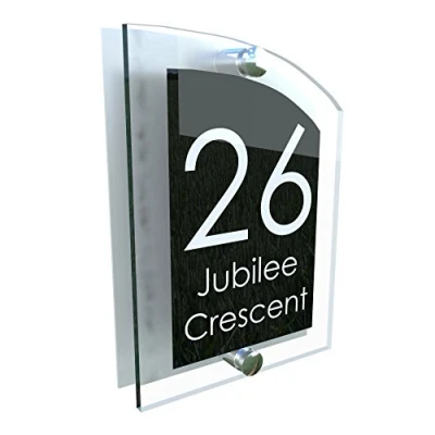 Image of ARCHED ACRYLIC HOUSE SIGN UV PRINTED Genuine Perspex PLAQUE DOOR NUMBER STREET GLASS EFFECT ALUMINIUM NAME ARCA5 27WB S C