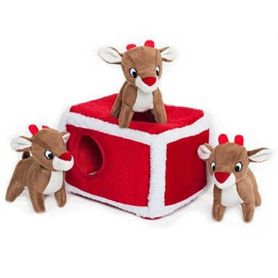 Image of ZippyPaws Holiday Burrow, Interactive Squeaky Hide and Seek Plush Dog Toy Reindeer Pen