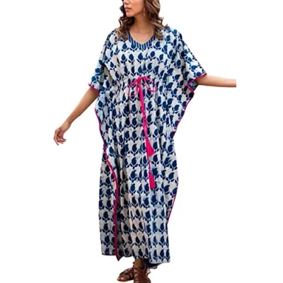 Image of YouKD Cotton Kaftan Ethnic Pattern Dress Bohemian Beach Bikini Cover Up Robe Plus Size Nightgown for Women Blue