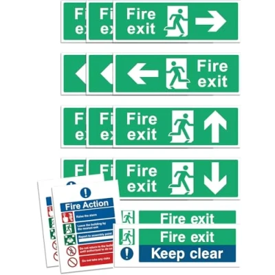 Image of RubiGo Safety Pack of 16, Fire Exit Sign (RIGHT, LEFT, UP, DOWN ARROW) Keep Clear Sign, Action Point Signs 30 X 10cm Self Adhesive Vinyl Sticker Emergency Signage