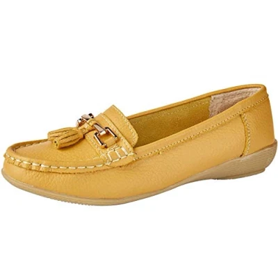 Image of Jo &amp; Joe Women Leather Flat Loafer Ladies Casual Comfy Slider Low Wedge Heel Work Shoes (Mustard, Numeric_7)