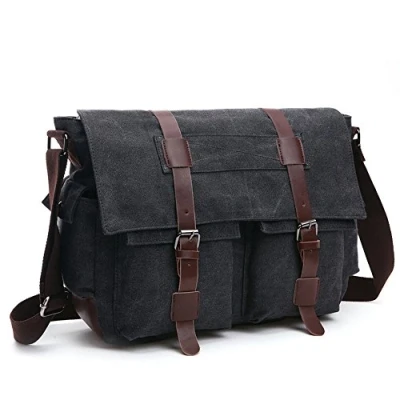 Image of LOSMILE Shoulder Bag, Men&#039;s Messenger Bags, 16 Inches Vintage Military Canvas Laptop Bag for Work and School, Multiple Pocket. (Large, Black)