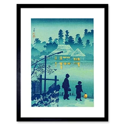Image of Wee Blue Coo Takahashi Shotei Japanese House Lake Artwork Framed Wall Art Print 12X16 Inch