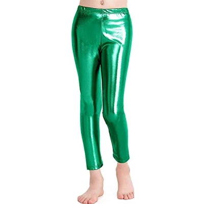 Image of GirlzWalk Girls Shiny Wet Look Leggings Kids Liquid Metallic Dance Footless Tights Pants, Green, 7 8 Years
