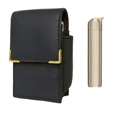 Image of Knight Black Leather Cigarette Case lighter holder with personalised slimline electronic gas