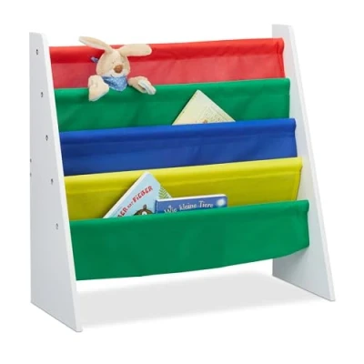 Image of Relaxdays Colourful Bookcase for Children, Toy Storage Organiser Shelf, MDF+Polyester with 4 Fabric Covers