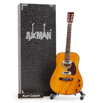 Image of Kurt Cobain Acoustic Miniature Guitar Replica Music Gifts Handmade Ornamental 1/4 Scale Includes a Display Box, Name Tag and Stand