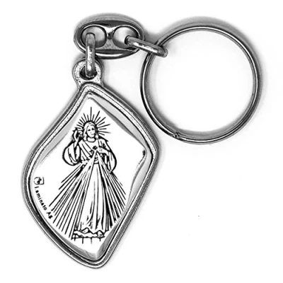 Image of Divine Mercy Silver Key Ring, Catholic Chain + Lourdes Prayer Card