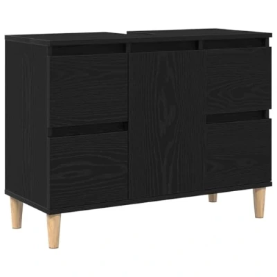 Image of vidaXL black oak sink cabinet medium vanity unit with drawers &amp; doors modern bathroom furniture for organized storage engineered wood