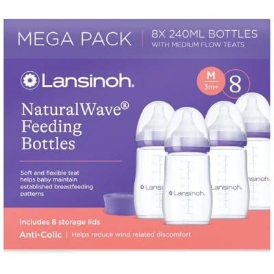 Image of Lansinoh Anti Colic Baby Bottles 8 240ml Naturalwave® Teats Reduce Nipple Confusion BPA &amp; BPS Free Stackable lids for Breastmilk Storage in Fridge or Freezer Breastfeeding Bottle