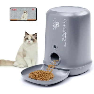 Image of Crystals Automatic Cat Feeder with Camera, 1080 HD Night Vision, 2 Way Audio, 4L Capacity, App Control, Battery Backup, Food Shortage Alert &amp; Motion Detection (Grey)