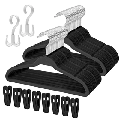 Image of Tinfol Kids Velvet Hangers, Black Non Slip Baby Size 13.7&quot; Inch 60 Pack Space Saving Children&#039;s Clothes Hangers with 8 PC Hanger Clips and 2 Rotatable Hook for Pants, Skirts, Coat
