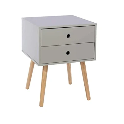 Image of Home Source Bedside, Bedroom Side Table Nightstand Cabinet, Wooden Legs, 2 Storage, Grey, Engineered Wood, Drawer