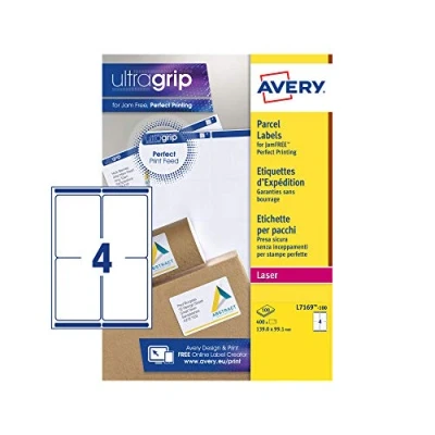Image of Avery L7169 Printable, Customisable Parcel Shipping Labels, Laser Printers, 4 Labels Per A4 Sheet, 400 UltraGrip, White