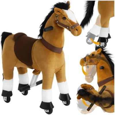 Image of tectake® Rocking Horse for Toddlers &amp; Children, Detailed Ride On with Saddle, Halter, Mane Tail, Non Slip Handles Pedals, Toy Comfortable Plush Fabric Wheels 29 x 76 85 cm