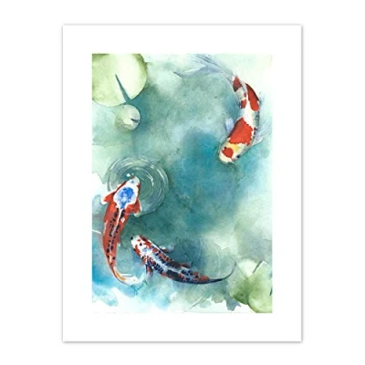 Image of Wee Blue Coo Japanese Koi Fish With Lilies Art Print Canvas Premium Wall Decor Poster