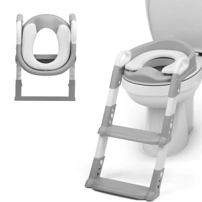 Image of Crystals Portable Toddler Potty Training Seat with Step Foldable Child Toilet for Boys &amp; Girls, Comfortable Ladder, Anti Slip Design Kids Training, Easy Up (Grey)