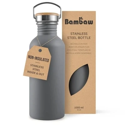 Image of Bambaw Stainless Steel Water Bottle 1l, Grey Bottle, Non Insulated Metal BPA Free Leak Proof Reusable Stormy