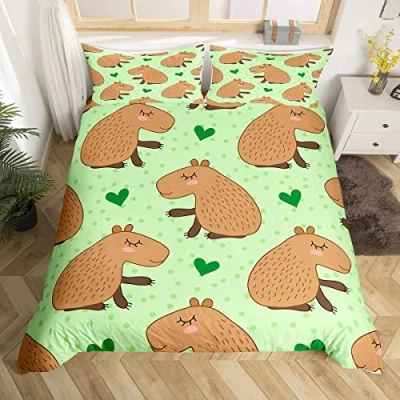 Image of Cartoon Capybara Duvet Cover Set Single Size, Cute Animals Comforter with 1 Pillowcase, Green Hearts Dots Print Bedding 2pcs for Kids Boys Girls Room Decor Lightweight Bedspread