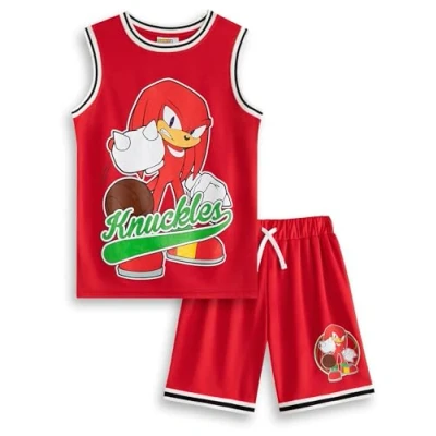 Image of Sonic The Hedgehog Knuckles Red 2 Piece Basketball Set Kids Sleeveless Sports Outfit Boys &amp; Girls Modern Cartoon Apparel Gear Merch 10 11 Years