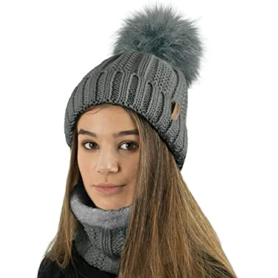 Image of TOSKATOK Ladies Womens Winter Rib Seed Stitch Beanie Bobble Hat with Warm Cosy Fleece Liner &amp; Large Faux Fur Pom Grey Set