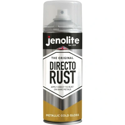 Image of JENOLITE Directorust Metallic Gloss Spray Paint Gold 2x400ml Multi Surface for Metal, Wood, Plastic All In OnePrimer, Undercoat and Topcoat Interior &amp; Exterior