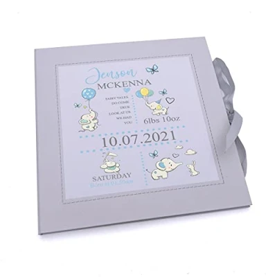 Image of ukgiftstoreonline Personalised Baby Boy My First Year Keepsake Record Book With Elephants