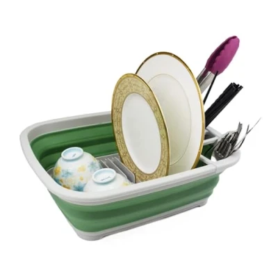 Image of SAMMART 8L Collapsible Plastic Dish Drainer Foldable Drying Rack Portable Dinnerware Organizer Space Saving (Grey/Dark Sea Green, 1)