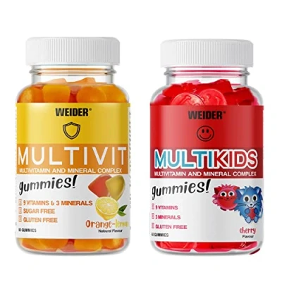 Image of Weider Multivit + Multikids Gummies Multivitamin Pack for Adults and Children Vitamins (D,C,E,B6,B12) Minerals No Added Sugar Ideal The Whole Family 80 50
