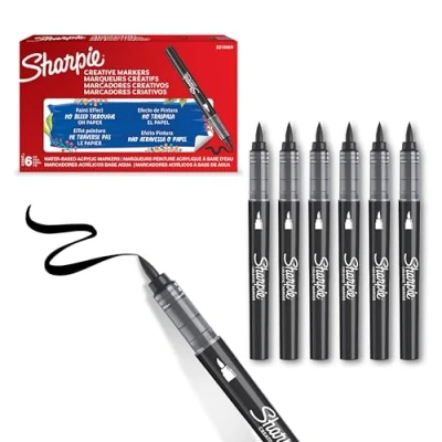 Image of Sharpie Creative Marker Acrylic Paint Pens Brush Tip Water Based Markers Black No Bleed Ink Writes on Most Surfaces School &amp; Revision Supplies 6 Count