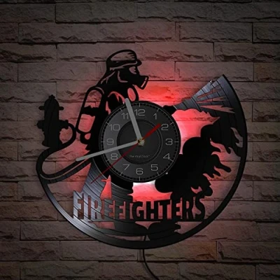 Image of Smotly Vinyl Wall Clock, Firefighter Extinguishing Themed Clock with LED Night Light Function is a Home Decor Silent Gift. (With light)