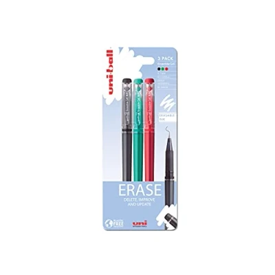 Image of uni ball UF 222 07 On Point Erasable Ballpoint Black, Green and Red Gel Pens. Premium 0.7mm Rollerball Tip for Smooth Handwriting. Easy Retract Eraser Secure Stable Rubbing Out. Pack Of 3