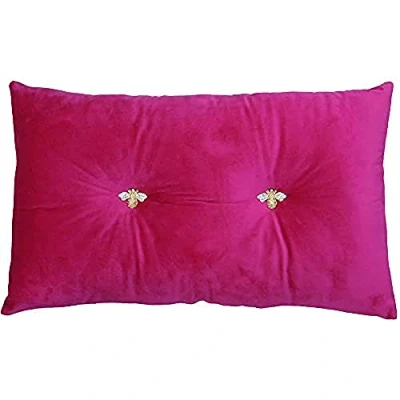 Image of Bumble Rectangular Bee Scatter Cushion Fuchsia Pink Faux Velvet Look and Feel Jewelled Metal Buttons Polyfilled 100% Polyester 30 x 50cm (12&quot; 20&quot; inches) Made by Riva Paoletti