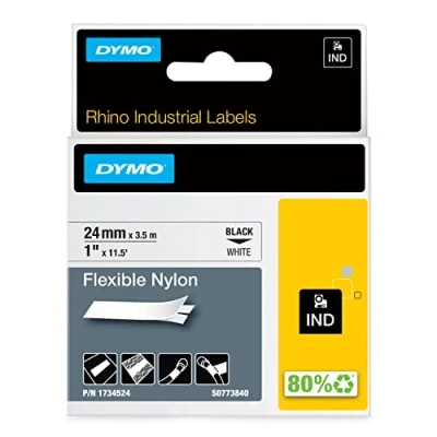 Image of DYMO Rhino Industrial Flexible Nylon Labels 24 mm x 3.5 m Black Print on White Self Adhesive for LabelManager &amp; Label Makers