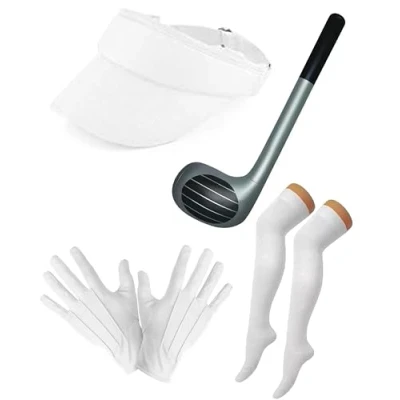 Image of Mega_Jumble Ladies Adult Poker Set Pub Golf Golfer Golfing White Visor Hat, Inflatable Club, Over the Knee Socks &amp; Gloves Fancy Dress Costume Accessories