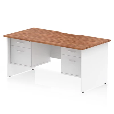 Image of Impulse 1600 x 800mm Scalloped Edge Straight Office Desk Walnut Top White Panel End Leg Workstation 2 Drawer Fixed Pedestal