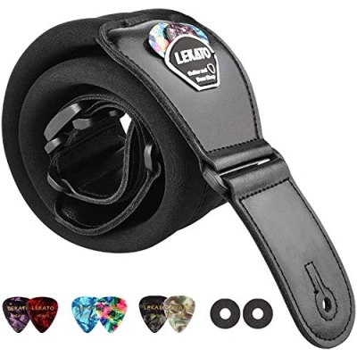 Image of LEKATO Memory Foam Padded Guitar Strap with Genuine Leather Ends 3’’Wide Comfortable Shoulder Straps Adjustable Length from 37&quot; to 47&quot; for Bass Electric Guitars 6 Picks (37&quot; 47&quot;(Short), Black)