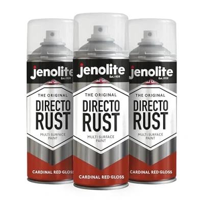 Image of JENOLITE Directorust Gloss Spray Paint Cardinal RED 3 x 400ml Direct to Rust for Metal Multi Surface Wood, Metal, Plastic, Ceramic RAL 3001