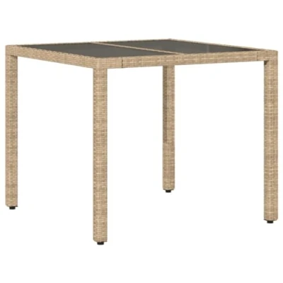Image of vidaXL Outdoor Dining Table Beige Square Poly Rattan with Tempered Glass Top for Garden, Patio Durable, UV Resistant, Easy to Clean, 90x90x75cm