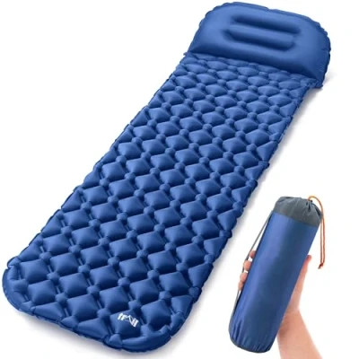 Image of Lightweight Sleeping Mat With Pillow, Ultra Light Inflatable Camping Pad, Outdoor Hiking Backpacking Festival Air Mattress, Waterproof TPU, 190cm x 56cm 5.5cm, 520g (Blue)