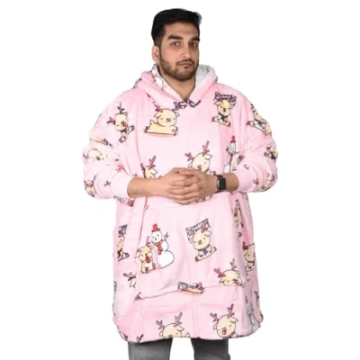 Image of True Face Blanket Hoodie Unisex Oversized Ladies Sherpa Fleece Ultra Plush Hooded Sweatshirt Pink Snow Man One Size