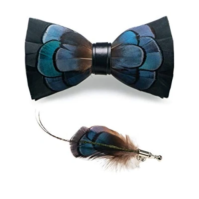 Image of JEMYGINS Blue Feather Bow tie Leather and Brooch Sets for Men(1)